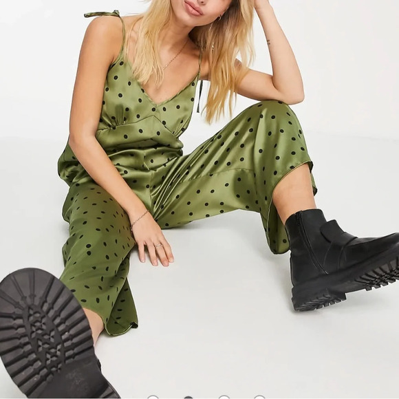 ASOS Design 90s Green Black Satin Tie Shoulder Jumpsuit in Khaki Dot. Size 10. - Picture 1 of 12